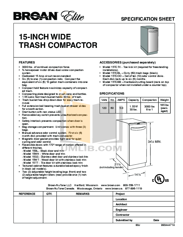 Download free pdf for BroanNuTone 15WT Trash Compactors Other manual